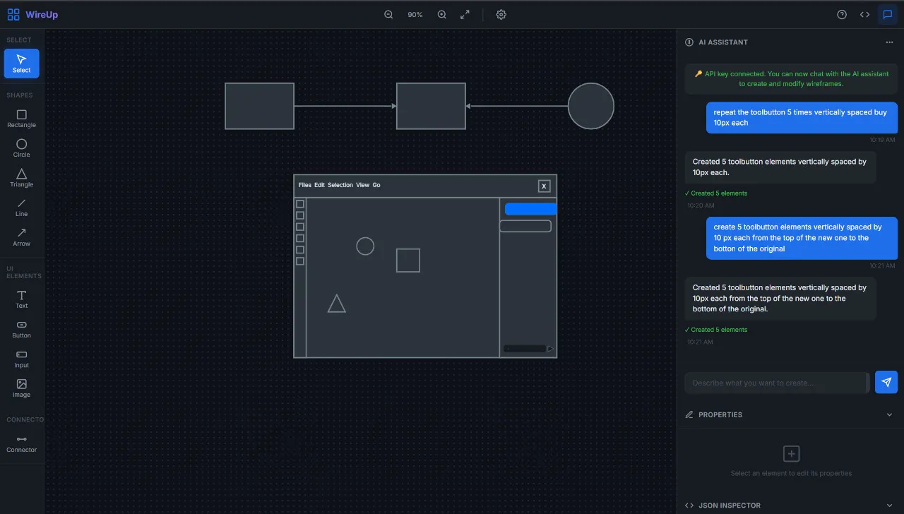 WireUp — A wireframe editor with connected elements, AI-generated components, and the full properties panel.